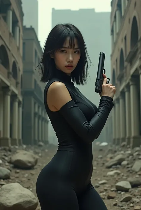 Female criminal　In the ruins、Hold a gun with both hands、Asian beauty with medium dark hair。In a black pantsuit, I lowered my hips slightly and stood。Stern expression　Hi-Vision 8k 