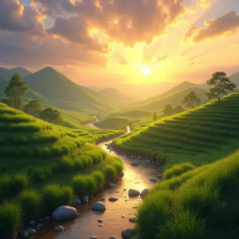 A serene, naturalistic shiny best photo of a picturesque rural landscape, inspired by the timeless beauty of John Constables iconic Myanmar countryside scenes. The composition showcases lush, undulating green fields shimmering with vibrant golden sunlight,...