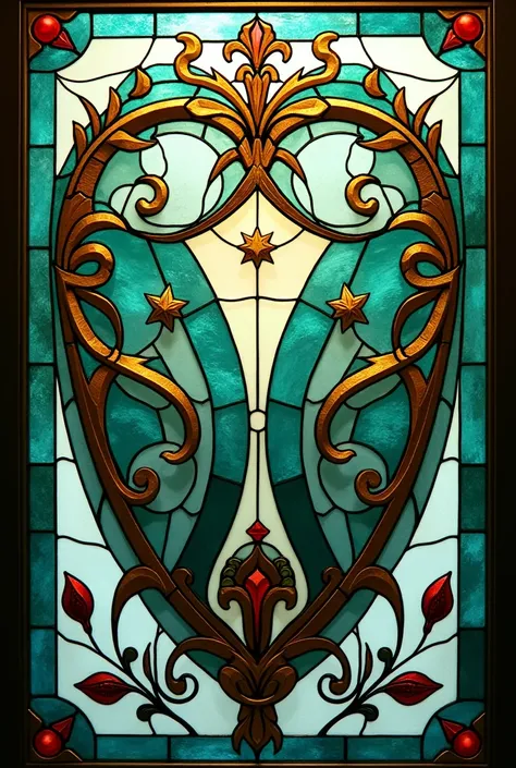  masterpiece fails,  high quality, super detail,  work of art,  Gold and turquoise stained glass heraldic coat of arms on a translucent background, the stained-glass window has a gold outline ,  and the fill has different shades of turquoise, green, white,...