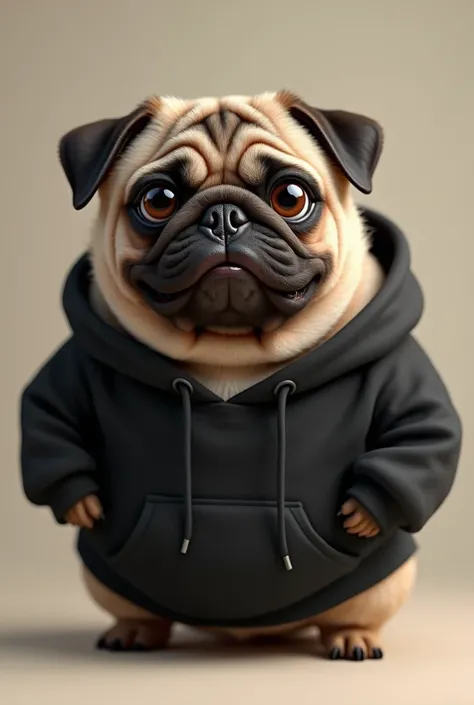 Create a pug with a fat black sweatshirt 