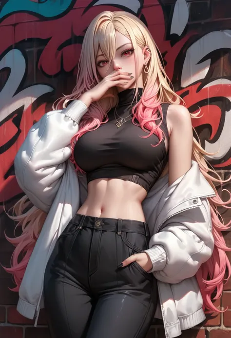 masterpiece,best quality,amazing quality, 1girl, jacket on shoulders, blonde hair, navel, long hair, large breasts, black pants, kitagawa marin, looking at viewer, midriff, black shirt, hand in pocket, multicolored hair, crop top, gradient hair, red eyes, ...