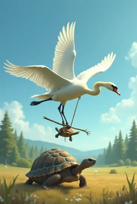 The tortoise is tightly holding the stick in its mouth as the swans lift off.
The swans are flying gracefully across the blue sky, carrying the tortoise below them.
The landscape below shifts from forests to fields.