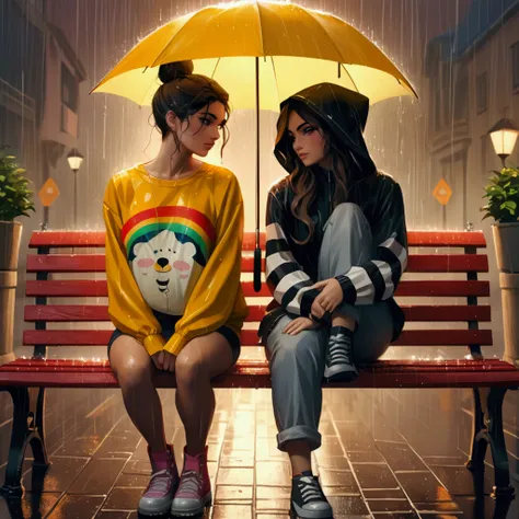 there are two women sitting on a bench under an umbrella, after rain and no girls, alena aenami and lilia alvarado, rainy day. game render, under rain, rainy mood, in the rain, rainy afternoon, in style of cyril rolando, artwork in the style of guweiz, pho...