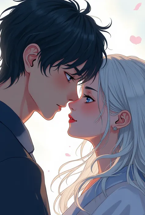 Create a  (manhwa/shoujo), Where the girl  ( white hair)  is from the light and the boy from the dark( black hair) 