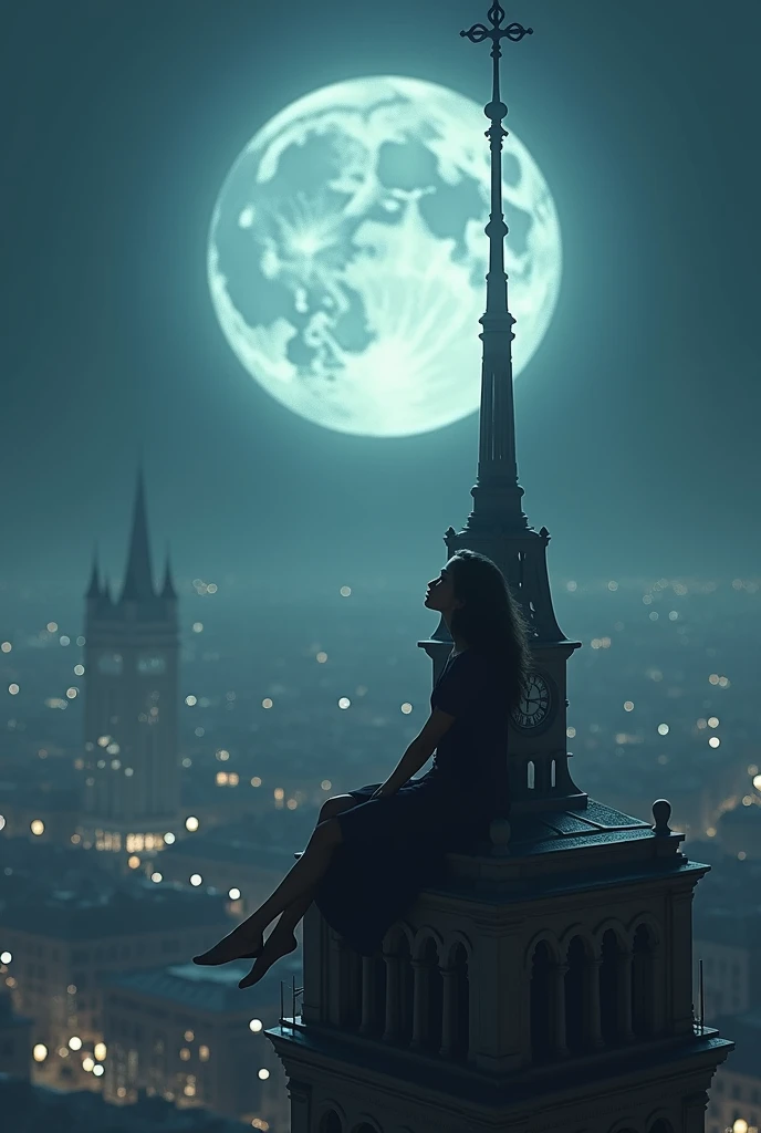 Make a photo of Zara sitting on the edges of the citys clock tower at night, gazing at the big moon in the sky ,  with the city hanging like glass beads beneath it .