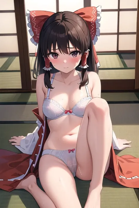 ((best quality)), ((masterpiece)), (detailed),1girl。Reimu。　tatami。sweat。nsfw。Bra。underwear。 sit with legs spread。