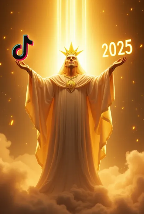 God holds up the TikTok logo in one hand and the number 2025 in the other. Behind him is a bright golden light.