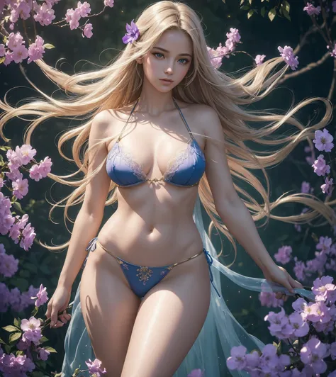 1 angel, Age 30, translucent blues and violets ,  long hair, wavy and blond , flowers in the hair, ( glowing halo on the head ), ( best quality, 4K, 8k, hires,  masterpiece :1.2),  Ultra-detailed, (realistic, photorealistic, photo-realistic:1.37), beautifu...