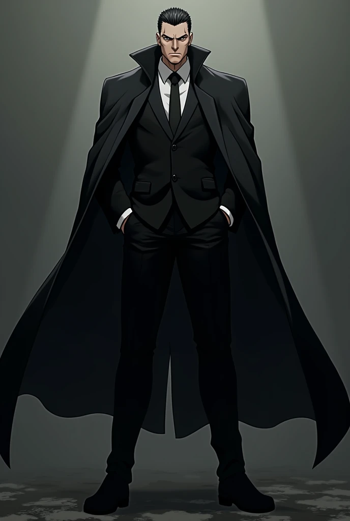 Face is Gut in anime berserk wear a black Simple Suit, and black coat, Anime styles.Gut in Berserk , Anime 