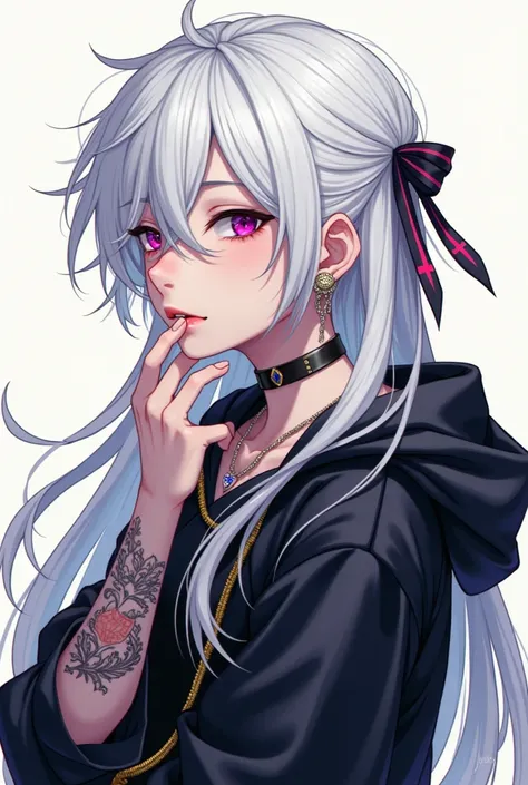  An anime-style boy ,  Long white hair ,  white skin ,  earrings and lip piercing,  tattoo on the hand, rocker style clothes  