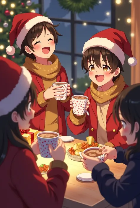 Well give me an image of ren who are enjoying Christmas drinking delicious chocolate and receiving gifts and surprises where everyone is singing and laughing