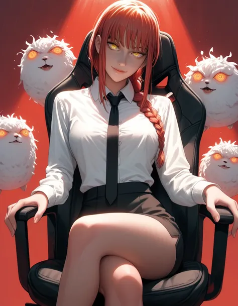 masterpiece,best quality,amazing quality, absurdres, 8k,makima (chainsaw man), 1girl, black necktie, braid, buttoned cuffs, buttons, chair, closed mouth, crossed legs, glowing, glowing eyes, hair over shoulder, head tilt, long hair, long sleeves, looking a...