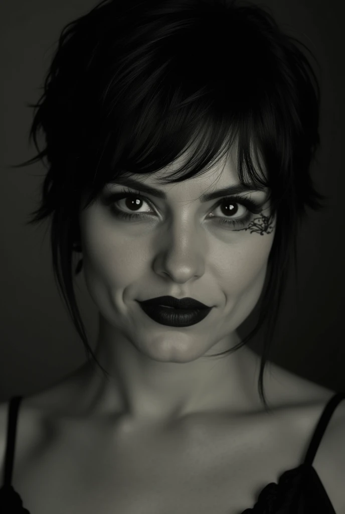 The image shows a woman with a strikingly composed yet subtly unsettling expression. Her short, tousled black hair frames her face, drawing attention to her piercing eyes that hold a mix of mystery and menace. A faint decorative curl adorns the side of her...