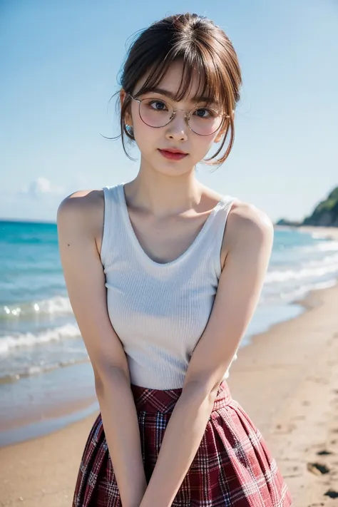 a girl wearing frameless round glasses, Leaning forward, brown hair, short hair with bangs, white camisole, smile, pink skirt in plaid skirt, in beach, embarrassed,blush, beautiful detailed eyes, beautiful detailed lips, extremely detailed eyes and face, l...