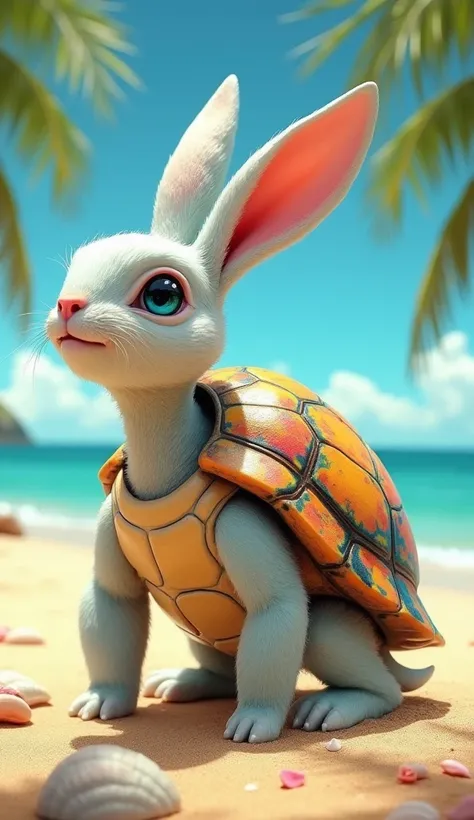 Imagine a whimsical hybrid creature that combines the features of a turtle and a rabbit. This creature has a rounded shell similar to that of a turtle, adorned with colorful beach-themed patterns like seashells and starfish. Its head resembles that of a ra...