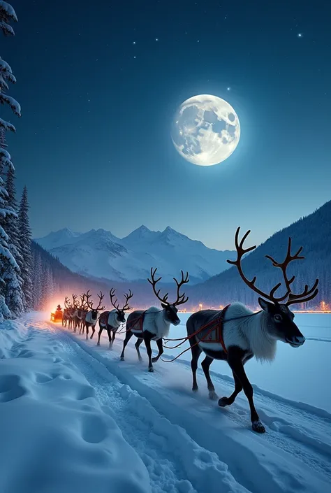  Hyperreal、photograph、 A group of reindeer pulling sleds runs through the sky、 starry sky 、Big Moon、Town lights far below 、 10 reindeer pulling a sled、Lots of reindeer 、Many reindeer running through the sky、