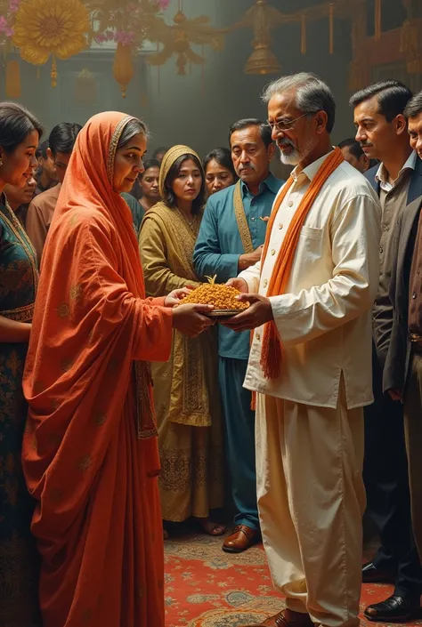 A father and daughter little sad, a man receiving dowry from her father, many families surrounding, marriage function, 