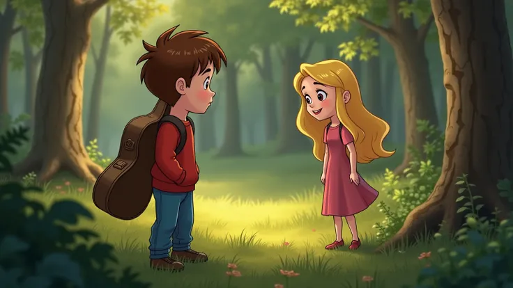  image for a cartoon story of Disney-style YouTube videos: format Pirax. boy ,  guitar case with short brown hair, wearing blue ,  pants with a red sweatshirt .  in the woods,   , A  ,  dress she has long blond hair,  is wearing a disheveled .