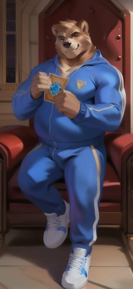 Solo, male Tall​ ,huge​ body​,​ Chair Ride ,den,Holding a magic card, bear,blue Tracksuit soldier , Wear combat shoes, overweight, muscular, Smirking​ , by chunie