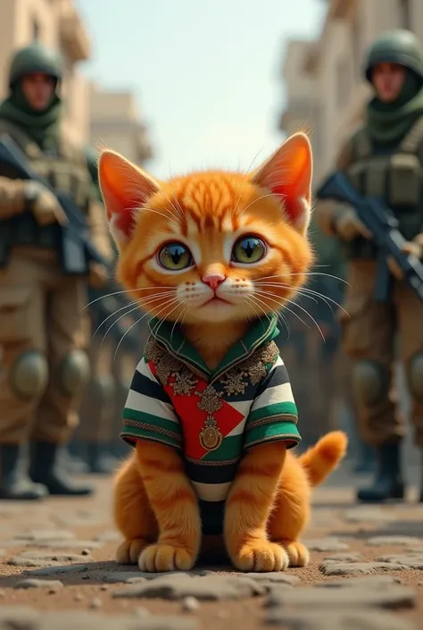 A very small orange cat wearing a Palestinian shirt with soldiers behind it 