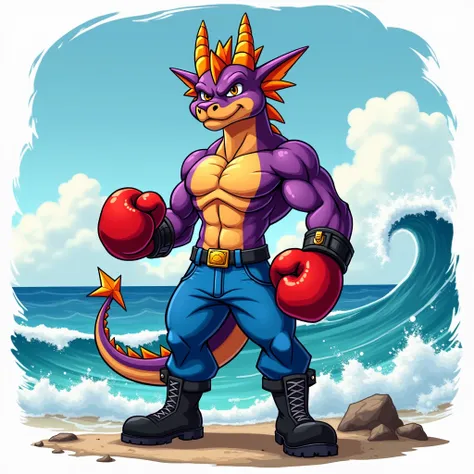 Muscular Dragon Spyro Furry Jock in black boots, wearing blue pants , wearing red boxing gloves stands against the sea in cartoon style 