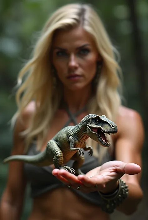 a miniature of a Tyrannosaurus rex looking up, in the hand of a blonde woman, 32 years old, Amazon warrior, real image,