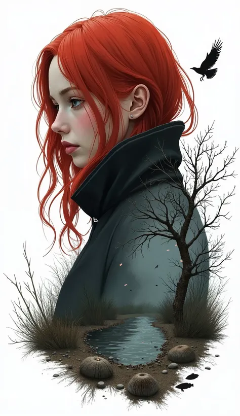 1 girl, red silky hair, black jacket, double exposure, art style black graphics, white background, torn background, reflexive focus, reverse concept, Outland, between worlds, black raven feather, old dried oak, small pond, pebbles, some black fish,