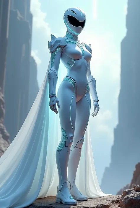 White Ranger with light blue details, futuristic armor, cape on only one side of the body, inspired by spirits and souls.