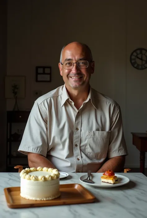 there is a man sitting at a table with a cake and a tray of food, a portrait inspired by Willie Ito, pexels, dau-al-set, he is about 30 years old, he is about 3 0 years old, he is about 2 , he is! about 3 0 years old, he is about 4 0 years old