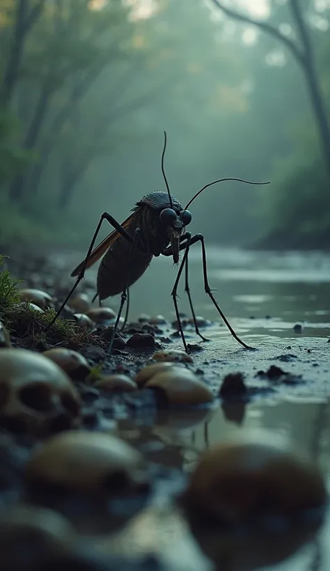 Make a real ultra high quality smooth quality image where a huge big  mosquito standing on a mountain of skulls in a muddy river and looks towards camera  ground and the and the atmosphere is dark and light mix like dawn and looks so terrible and the camer...