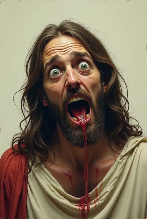 Jesus with wide eyes and vomiting