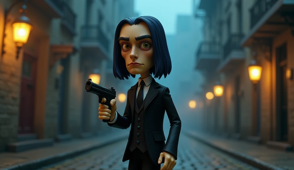  A stylized stop-motion character inspired by Vincent Vega from Pulp Fiction ,  designed in the Gothic and exaggerated style of Tim Burton .  The character has a long and angular face ,  with pronounced cheekbones ,  a slightly downturned mouth and sunken ...