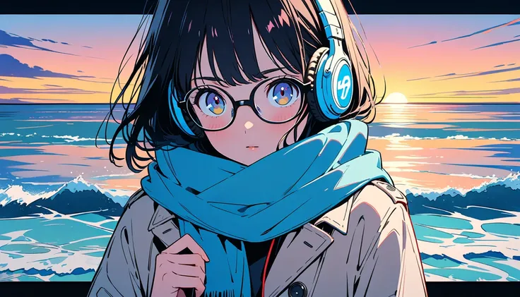 (( black hair)),((Pale Color)),masterpiece, ((( coat and scarf pulling elbows ))),(Pinch the muffler)、(stroll),(( headphones)),Highest quality, Beautiful attention to detail, Very detailed, In detail, High resolution, Perfect Anatomy, , , Girl, (one person...