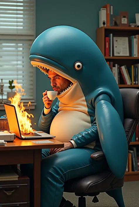 a man dressed as a hello whale sits in an office and looks at a burning laptop while drinking tea