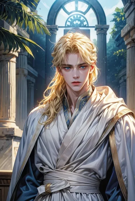 Single,  high resolution ,  blue eyes, blond, Laurel 、 split body lens, Ancient Greek background 、 Son of Apollo、gentle、man、Handsome、20 years old、 White Greek-style robes on the head、