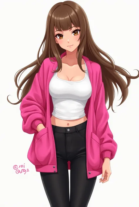 Degital illustration girl long brown hair and square bang and brown eyes and blonde skin and wear hot pink cardigan inside white tank and black pants and sports shoes super star