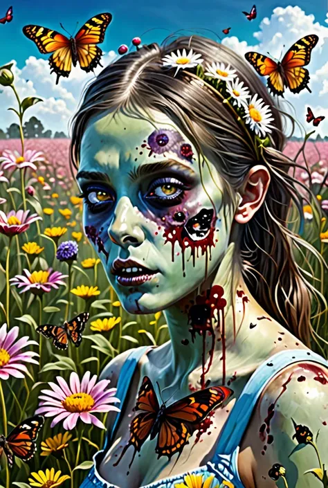 A Zombie girl in flower field bright sky butterflys birds bees photo realistic