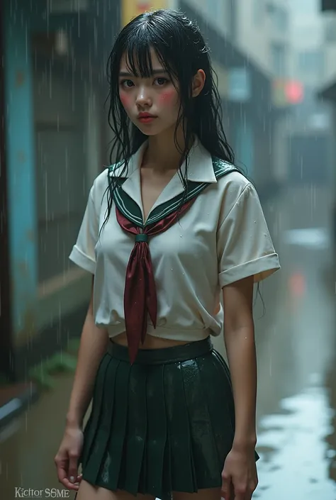 Show a soaked girl in uniform and make her clothes revealing because of being wet