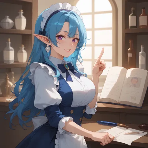 score_9, score_8_up, score_7_up, score_6_up, score_5_up, score_4_up, hires, masterpiece, A cheerful aqua elf receptionist, warmly welcoming adventurers at the guild counter, has long, straight blue hair, half-up with small shells and water droplets decorat...