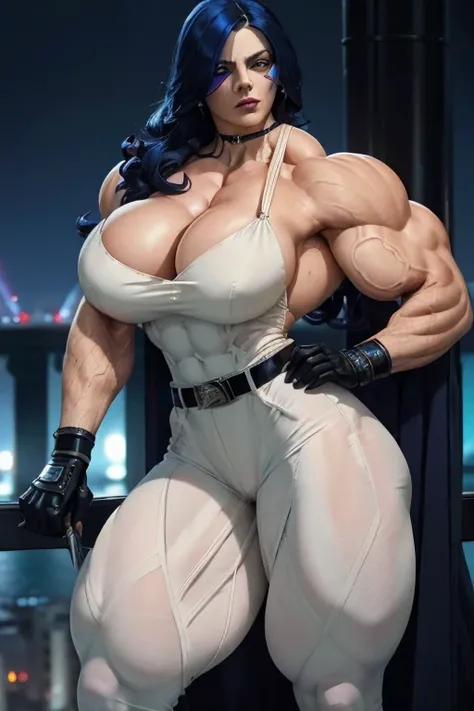 ((Close-up)), tall, (royal blue hair) beautiful muscular woman, long curly wavy hair, white skinned, (smirking), black lipstick, (massive muscles), (hyper muscle), (ginormous bulky muscles), white eyes, ((((hitwoman suit)))), (((assassin pants with belt)))...