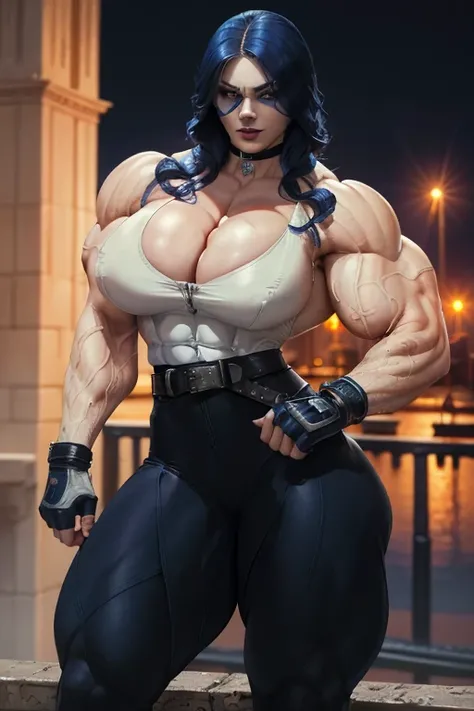 ((Close-up)), tall, (royal blue hair) beautiful muscular woman, long curly wavy hair, white skinned, (smirking), black lipstick, (massive muscles), (hyper muscle), (ginormous bulky muscles), white eyes, ((((hitwoman suit)))), (((assassin pants with belt)))...