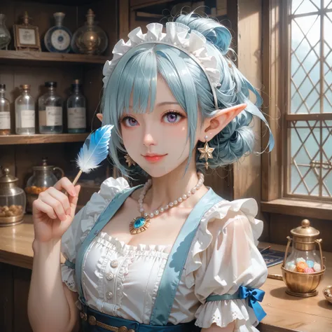 rating_safe, score_9, score_8_up, score_7_up, score_6_up, score_5_up, score_4_up, hires, cheerful aqua elf receptionist warmly welcoming adventurers at the guild counter, her long straight blue hair shimmering like water under soft light, styled in a half-...