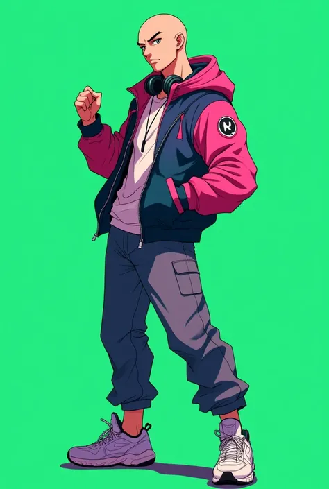 anime. man, Bald profile ,  modern clothing with strong and vibrant colors,  cyberlunk style jacket com cores neon , pants, white sneakers,   Punho direito cerrado virado para cima,   left hand in pocket , folded arms  , curved legs,  headset hanging aroun...