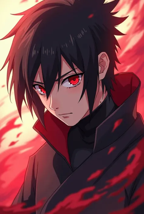 Create a male Uchiha character inspired by February, with the evolution of Mangekyō Sharingan and Rinnegan. The character should reflect passionate, emotional strength, balanced with a fiery yet compassionate personality.

