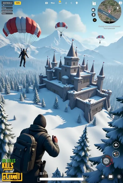 This image shows a gameplay scene from a battle royale game, likely PUBG or BGMI. The player is parachuting into a snowy region featuring a castle-like structure called "Frostheim." The environment is snowy, with pine trees and hills covered in snow. Other...