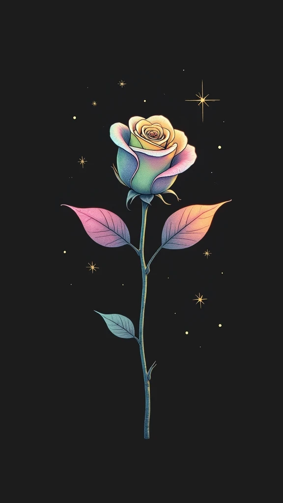 A vibrant, stylized rose illustration on a black background. The rose features a detailed outline, with the petals and leaves rendered using a variety of pastel hues, including shades of pink, purple, blue, light green, and yellow. The rose is in the mid-p...