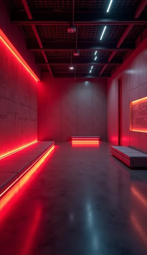 "A sleek and modern studio designed for an AI specialist, with a close background wall featuring subtle futuristic patterns and textures. The lighting is moody and dramatic, combining dark ambient lights with vibrant red accents that create a high-tech atm...