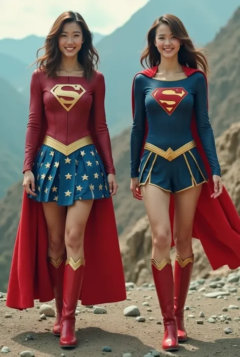 As instructed (live-action、    2 Japanese superheroines     、   supergirl on the right    、 Wonder Woman on the Left ）  、  smile、    Muscular、      cute Japanese supergirl in her 20s  、 her foot has become a stone  、 (   unrealistic)、(    perfect costume f...