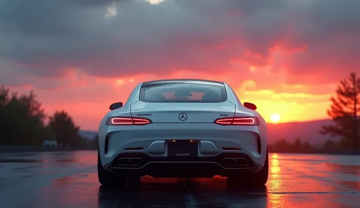 "Photo from the back of an ultra-realistic white Mercedes-Benz coupe, with dramatic lighting, sunrise scene, cinematic lighting, 4K, with extreme detail."
