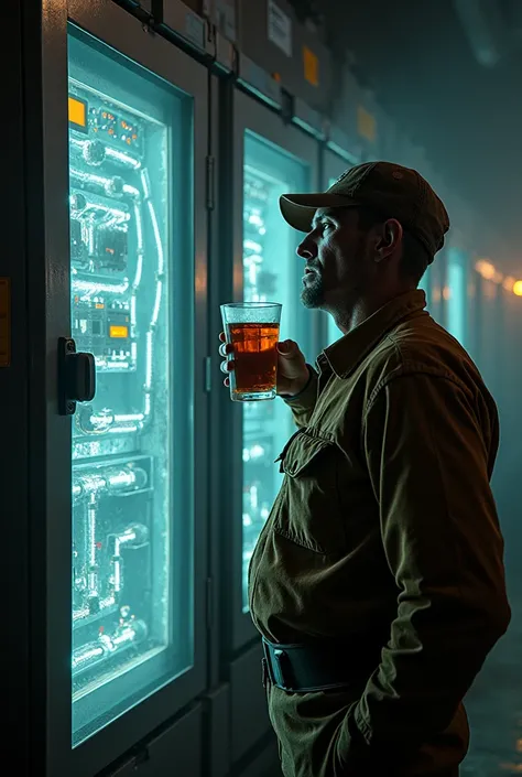 An electrician drinks Burn in front of a sparkling electrical cabinet